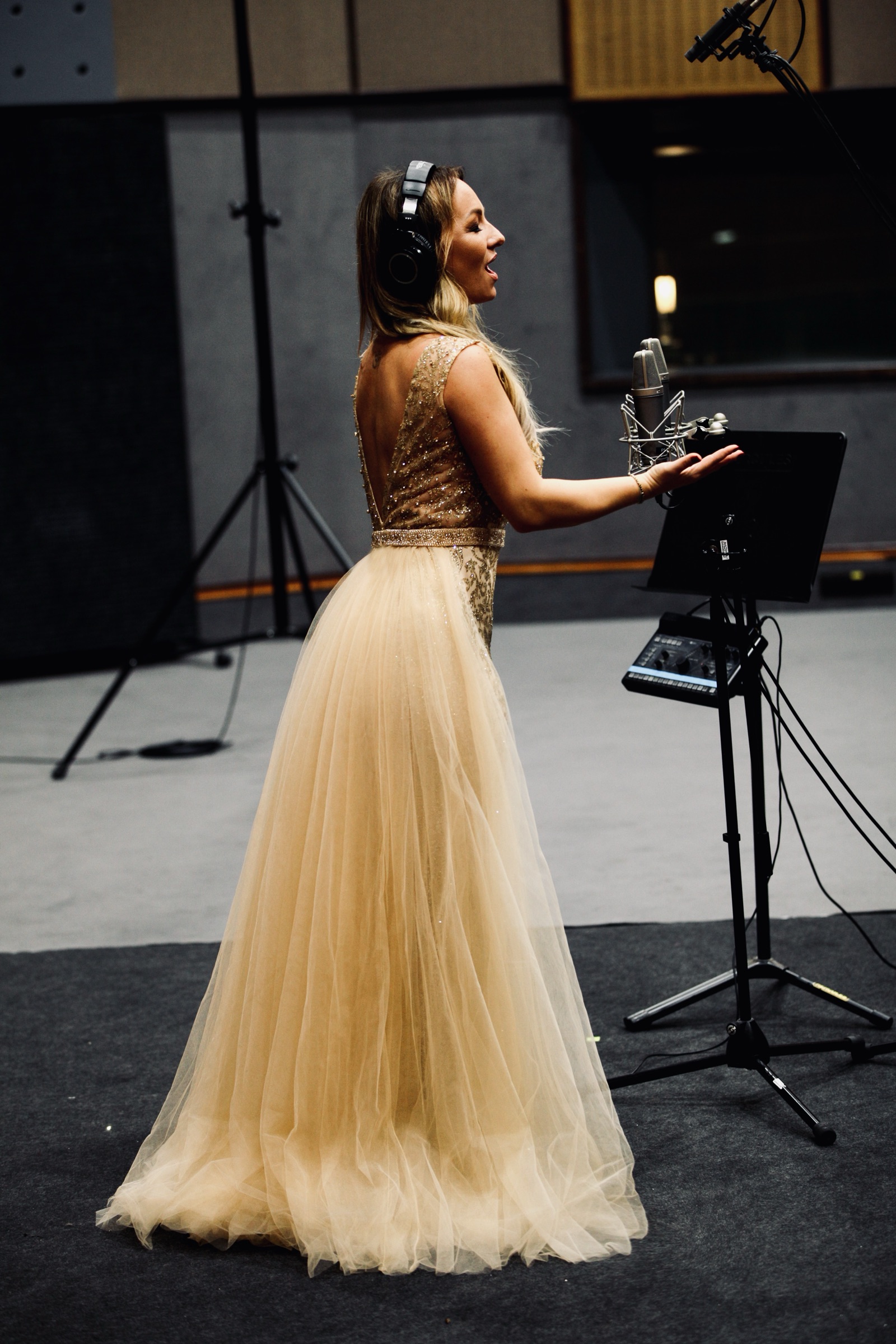 Alinka, classical-crossover soprano, performing in studio
